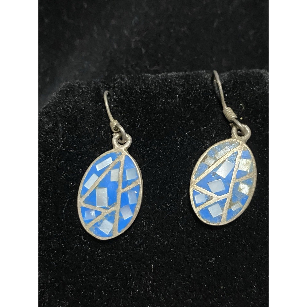 VTG Navajo Sterling Silver 925 Turquoise Mother Of Pearl Inlay Dangle Earrings